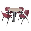 Regency Kee 48 Round Breakroom Table- Beige/ Black & 4 M Stack Chairs- Burgundy [TB48RNDBEBPBK47BY]