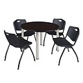 Regency Kee 48 Round Breakroom Table- Mocha Walnut/ Chrome & 4 M Stack Chairs- Black [TB48RNDMWBPCM47BK]
