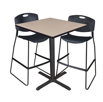 Regency Cain 36 Square Cafe Table- Beige & 2 Zeng Stack Stools- Black