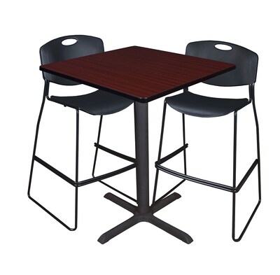 Regency Cain 36 Square Cafe Table- Mahogany & 2 Zeng Stack Stools- Black