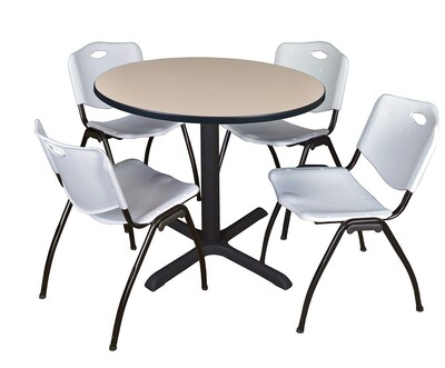 Regency Cain 36 Round Breakroom Table- Beige & 4 M Stack Chairs- Grey