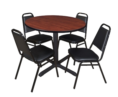 Regency Cain 36 Round Breakroom Table- Cherry & 4 Restaurant Stack Chairs- Black