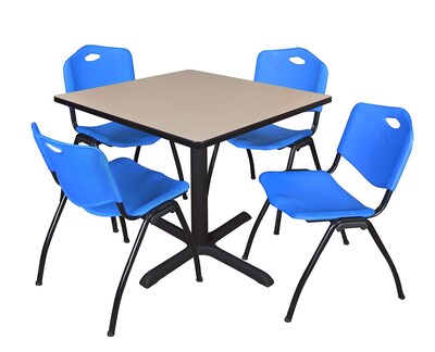 Regency Cain 42 Square Breakroom Table- Beige & 4 M Stack Chairs- Blue