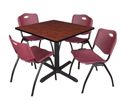 Regency Cain 42 Square Breakroom Table- Cherry & 4 M Stack Chairs- Burgundy