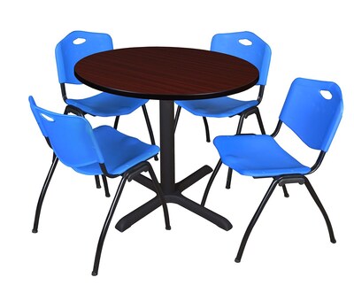 Regency Cain 42 Round Breakroom Table- Mahogany & 4 M Stack Chairs- Blue