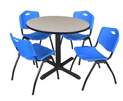 Regency Cain 42 Round Breakroom Table- Maple & 4 M Stack Chairs- Blue