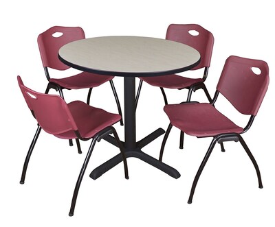 Regency Cain 42 Round Breakroom Table- Maple & 4 M Stack Chairs- Burgundy