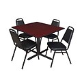Regency Cain 48 Square Breakroom Table- Mahogany & 4 Restaurant Stack Chairs- Black
