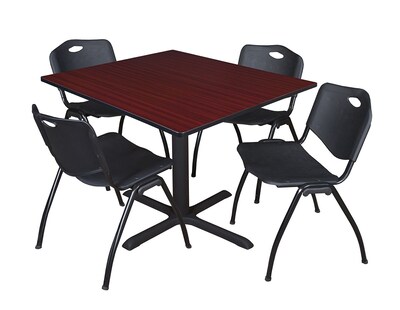 Regency Cain 48 Square Breakroom Table- Mahogany & 4 M Stack Chairs- Black
