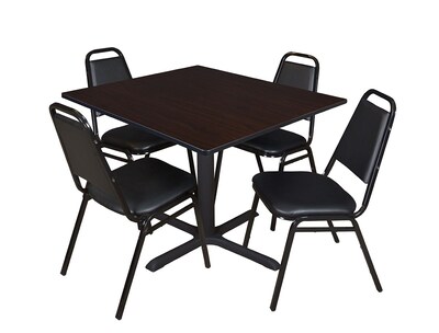 Regency Cain 48 Square Breakroom Table- Mocha Walnut & 4 Restaurant Stack Chairs- Black