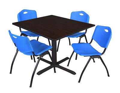 Regency Cain 48 Square Breakroom Table- Mocha Walnut & 4 M Stack Chairs- Blue