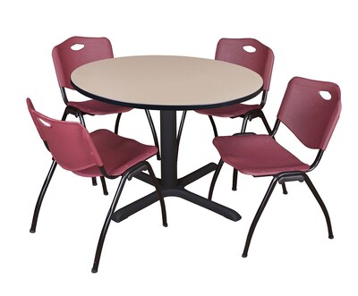 Regency Cain 48 Round Breakroom Table- Beige & 4 M Stack Chairs- Burgundy