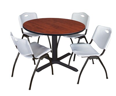 Regency Cain 48 Round Breakroom Table- Cherry & 4 M Stack Chairs- Grey