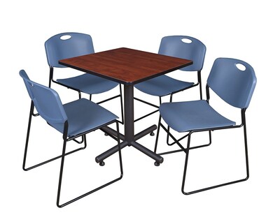 Regency Kobe 30 Square Breakroom Table- Cherry & 4 Zeng Stack Chairs- Blue