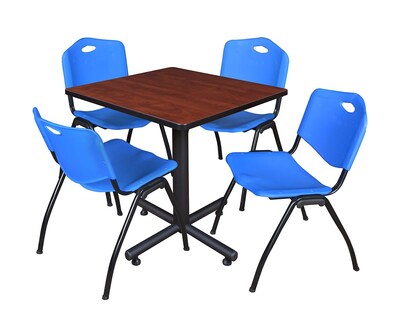 Regency Kobe 30 Square Breakroom Table- Cherry & 4 M Stack Chairs- Blue