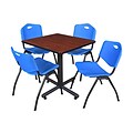Regency Kobe 30 Square Breakroom Table- Cherry & 4 M Stack Chairs- Blue