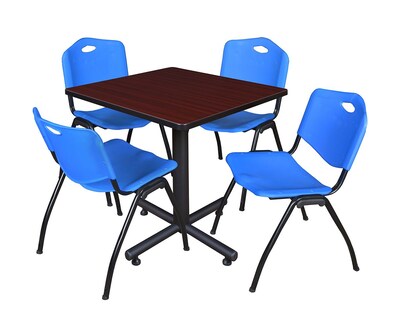 Regency Kobe 30 Square Breakroom Table- Mahogany & 4 M Stack Chairs- Blue