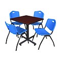 Regency Kobe 30 Square Breakroom Table- Mahogany & 4 M Stack Chairs- Blue