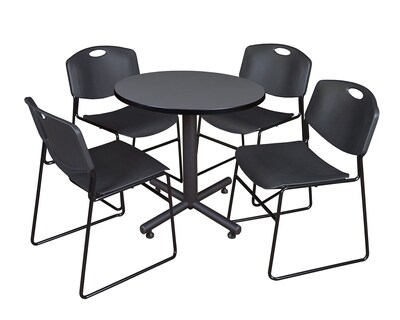 Regency Kobe 30 Round Breakroom Table- Grey & 4 Zeng Stack Chairs- Black