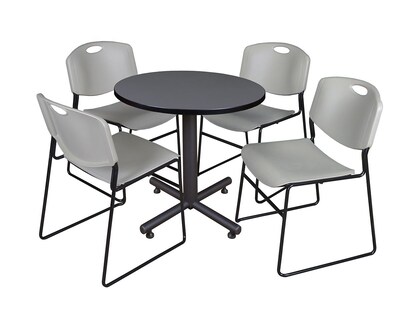 Regency Kobe 30 Round Breakroom Table- Grey & 4 Zeng Stack Chairs- Grey