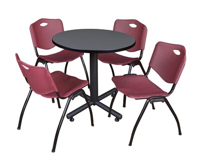 Regency Kobe 30 Round Breakroom Table- Grey & 4 M Stack Chairs- Burgundy