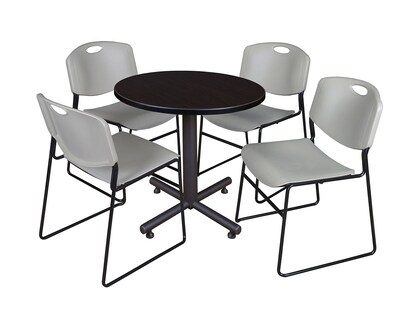 Regency Kobe 30 Round Breakroom Table- Mocha Walnut & 4 Zeng Stack Chairs- Grey