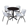 Regency Kobe 30 Round Breakroom Table- Mocha Walnut & 4 M Stack Chairs- Grey