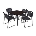Regency Kee 42 Square Breakroom Table- Mocha Walnut/ Black & 4 Zeng Stack Chairs- Black