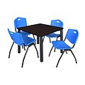Regency Kee 42 Square Breakroom Table- Mocha Walnut/ Black & 4 M Stack Chairs- Blue