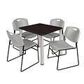 Regency Kee 30 Square Breakroom Table- Mocha Walnut/ Chrome & 4 Zeng Stack Chairs- Grey