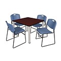 Regency Kee 36 Square Breakroom Table- Mahogany/ Chrome & 4 Zeng Stack Chairs- Blue