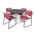 Regency Kee 42 Round Breakroom Table- Grey/ Chrome & 4 Zeng Stack Chairs- Burgundy