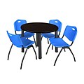 Regency Kee 42 Round Breakroom Table- Mocha Walnut/ Black & 4 M Stack Chairs- Blue
