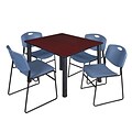 Regency Kee 48 Square Breakroom Table- Mahogany/ Black & 4 Zeng Stack Chairs- Blue