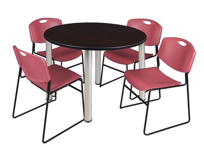 Regency Kee 48 Round Breakroom Table- Mocha Walnut/ Chrome & 4 Zeng Stack Chairs- Burgundy