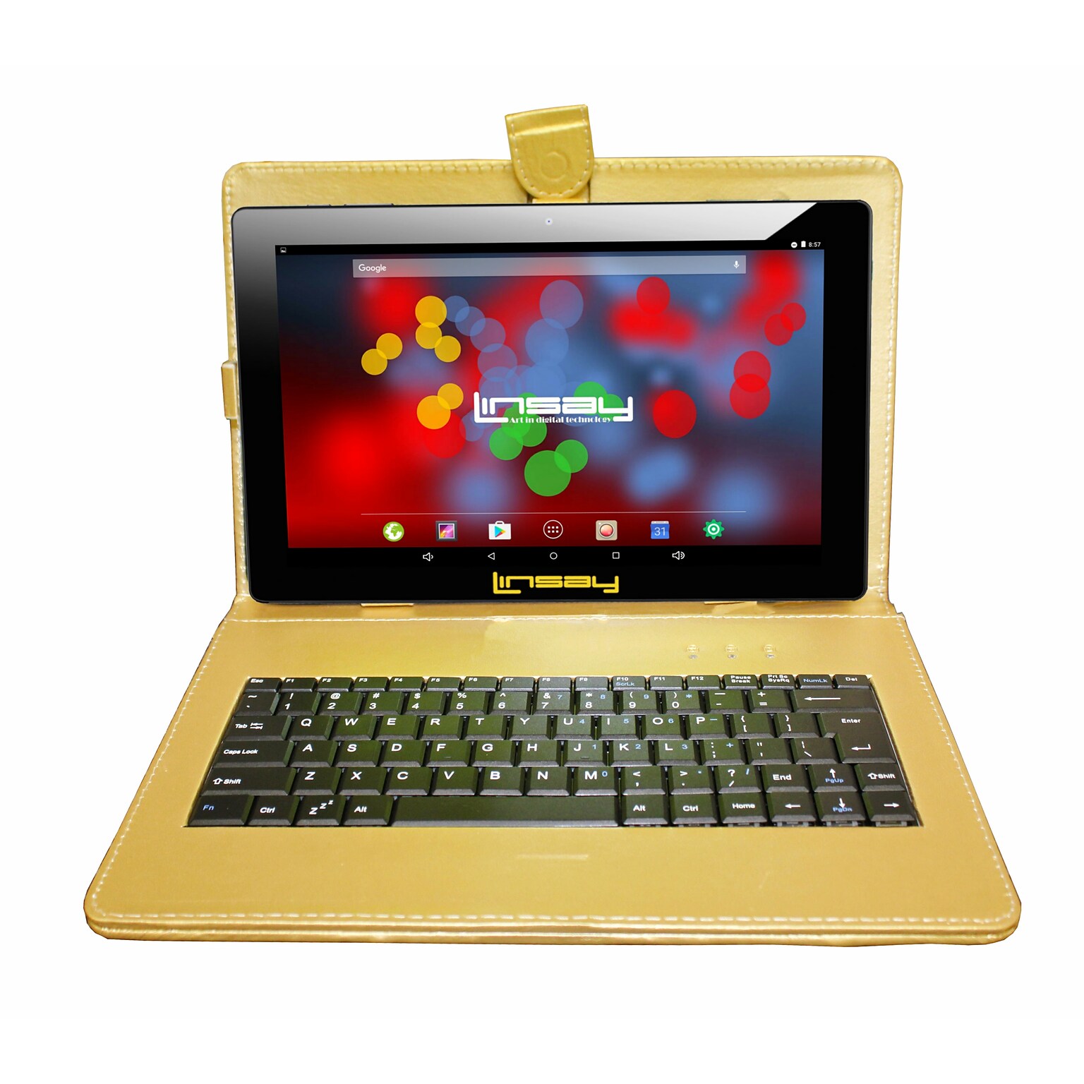 LINSAY F10 Series 10.1 Tablet, WiFi, 2GB RAM, 64GB Storage, Android 13, Black w/Golden Keyboard (F10XIPSBDG)