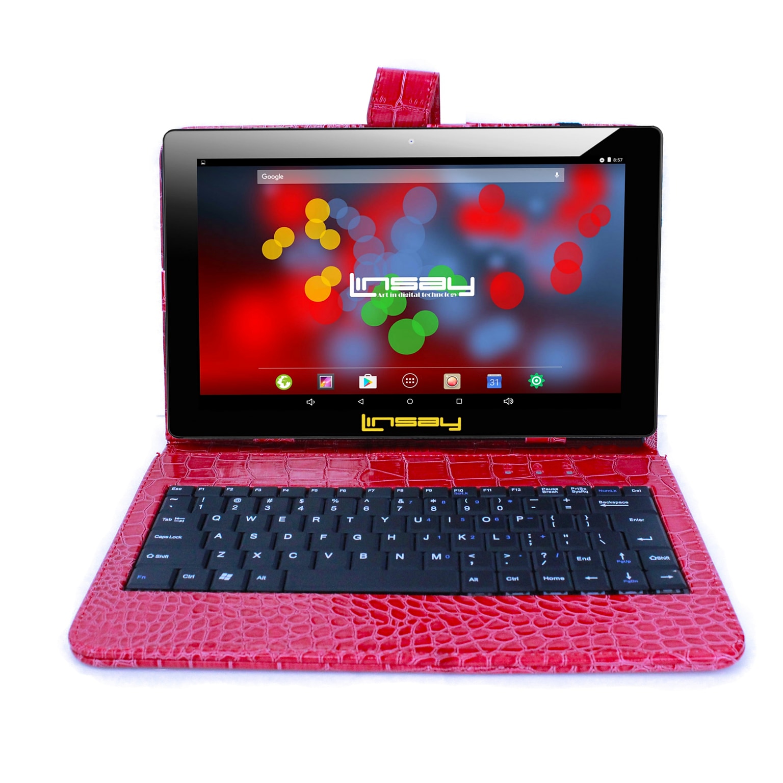 LINSAY F10 Series 10.1 Tablet, WiFi, 2GB RAM, 64GB , Android 13, Black w/Red Crocodile Keyboard (F10XIPSBKCOREDW)