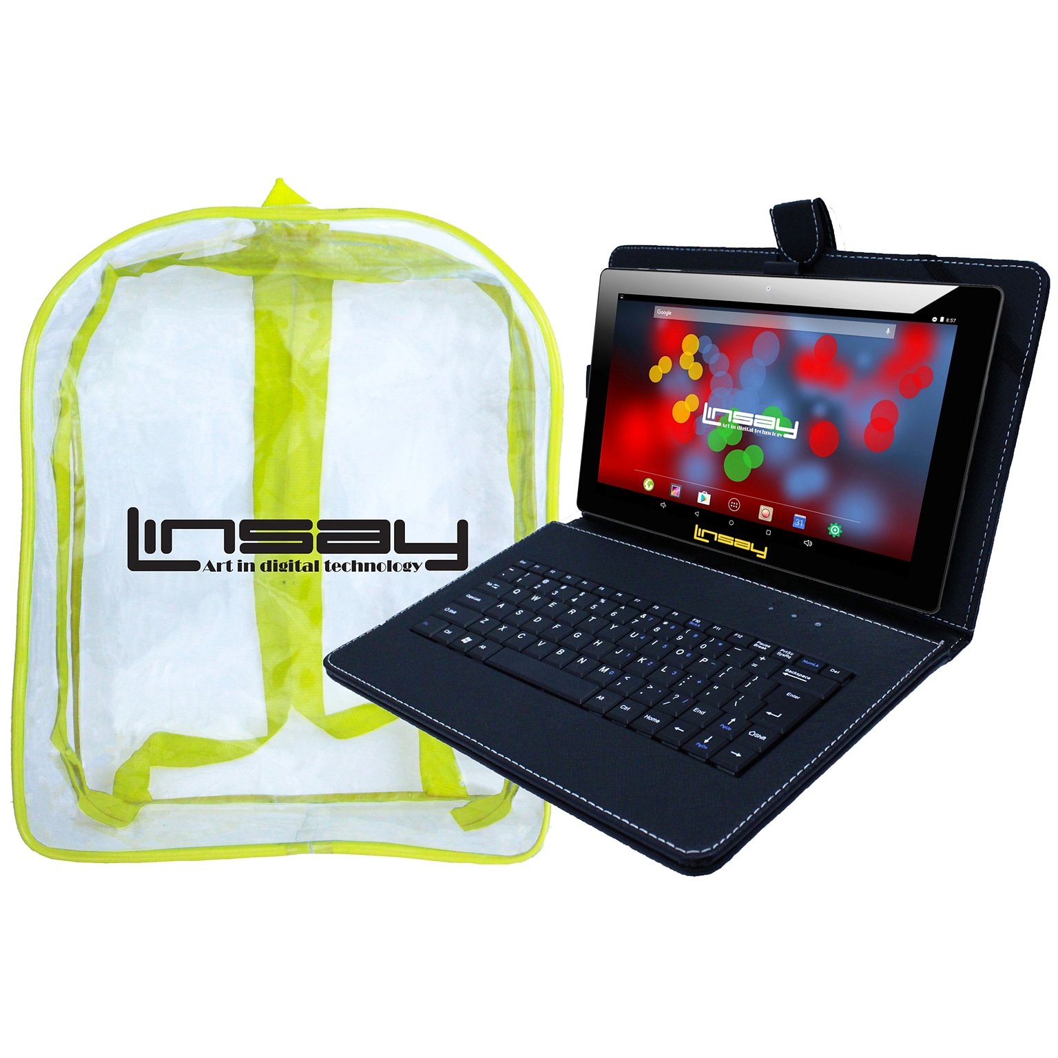 LINSAY F10 Series 10.1 Tablet, WiFi, 2GB RAM, 64GB , Android 13, Black w/Black Keyboard & Bag Pack (F10XIPSCKBAG)