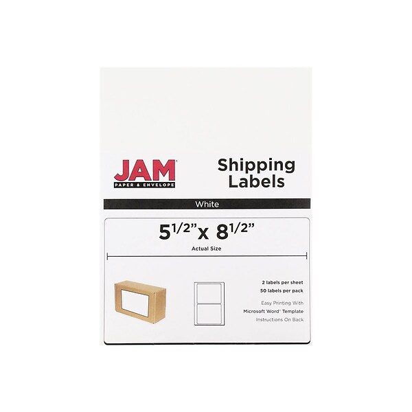 JAM Paper Laser/Inkjet Shipping Labels, 5 1/2 x 8 1/2, White, 2 Labels/Sheet, 25 Sheets/Pack (359430339)