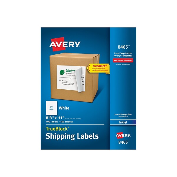 Avery TrueBlock Inkjet Shipping Labels, Sure Feed Technology, 8 1/2 x 11, White, 100 Labels Per Pack (8465)