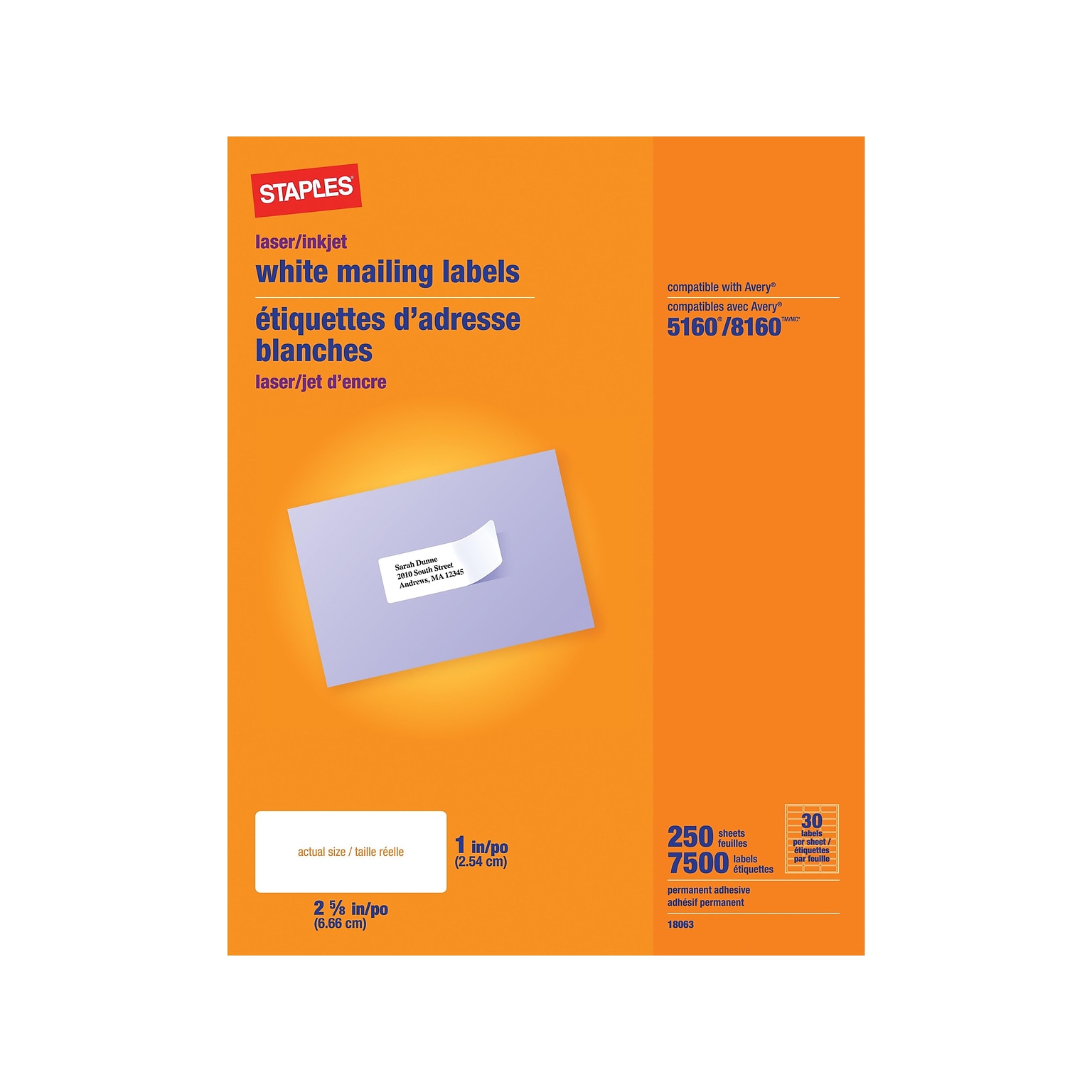 Staples Laser/Inkjet Address Labels, 1 x 2 5/8, White, 30 Labels/Sheet, 5 Boxes/Case (18063CT)