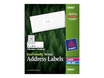 Avery EcoFriendly Laser/Inkjet Address Labels, 1 x 2 5/8, White, 7500 Labels Per Pack (48960)