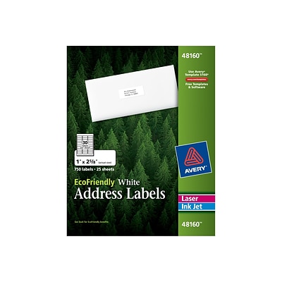 Avery EcoFriendly Laser/Inkjet Address Labels, 1 x 2 5/8, White, 30 Labels/Sheet, 25 Sheets/Box (48160)