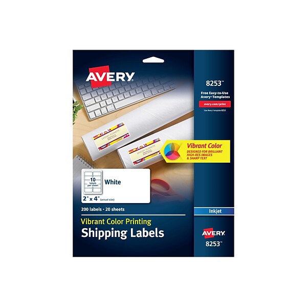 Avery Sure Feed Inkjet Shipping Labels, 2 x 4, White, 10 Labels/Sheet, 20 Sheets/Pack (8253)