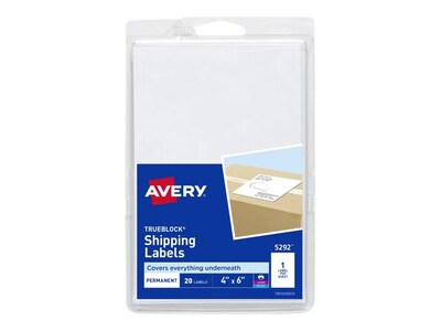 Avery TrueBlock Laser/Inkjet Shipping Labels, 4 x 6,  White, 1 Label/Sheet, 20 Sheets/Pack (5292)