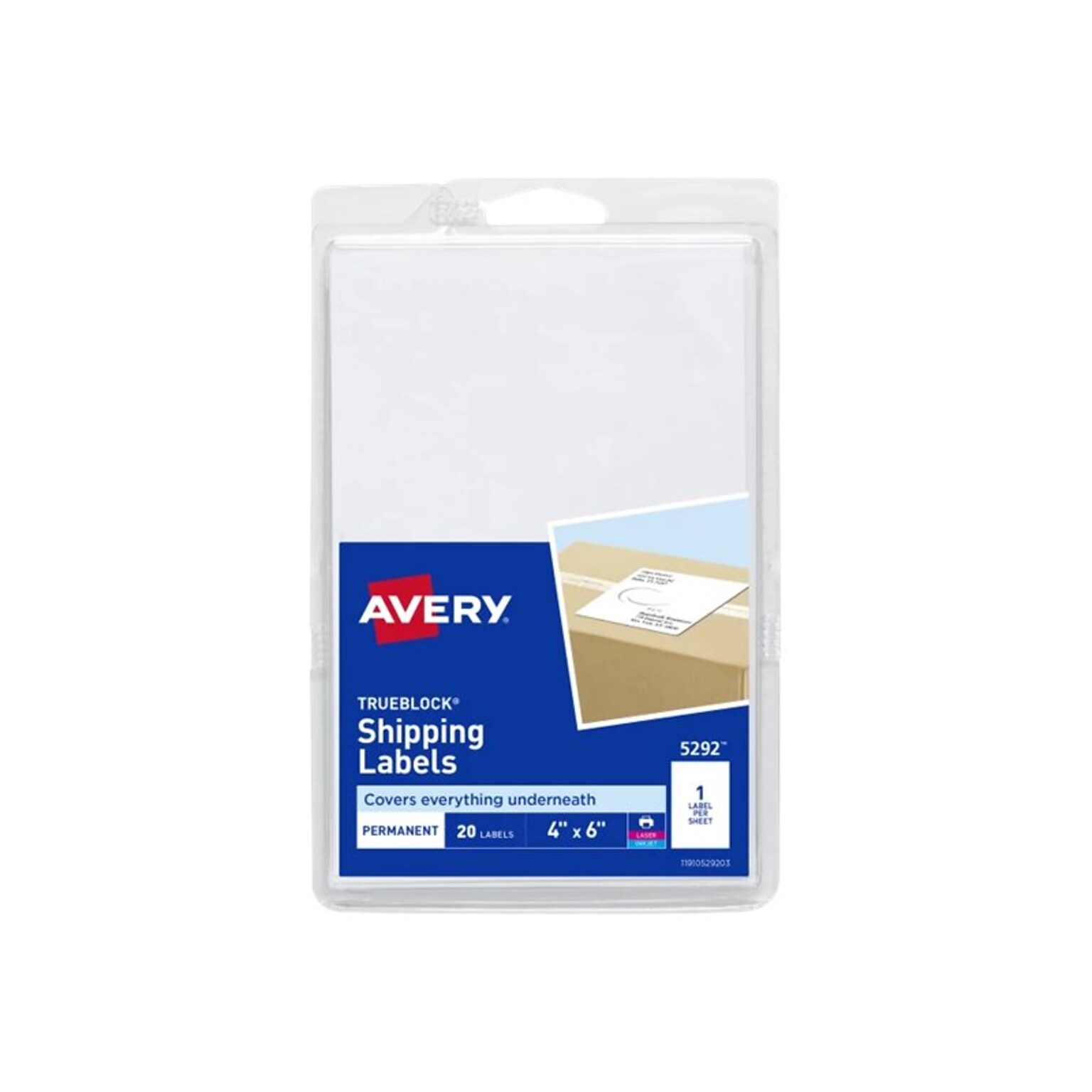 Avery TrueBlock Laser/Inkjet Shipping Labels, 4 x 6,  White, 1 Label/Sheet, 20 Sheets/Pack (5292)