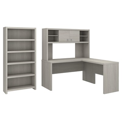 Office by kathy ireland® Echo L Shaped Desk with Hutch and 5 Shelf Bookcase, Gray Sand (ECH033GS)