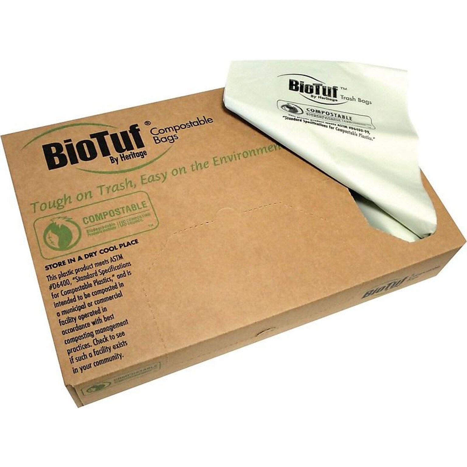 BioTuf 40-45 Gallon Compostable Industrial Trash Bag, 40 x 46, Low Density, 0.9 Mil, Light Green, 100 Bags/Box, 5 Rolls