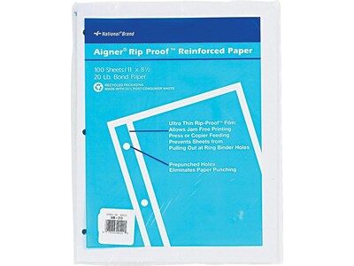 National Rip Proof Reinforced Filler Paper, 3-Hole, 8.5 X 11, Unruled,  100/pack,White
