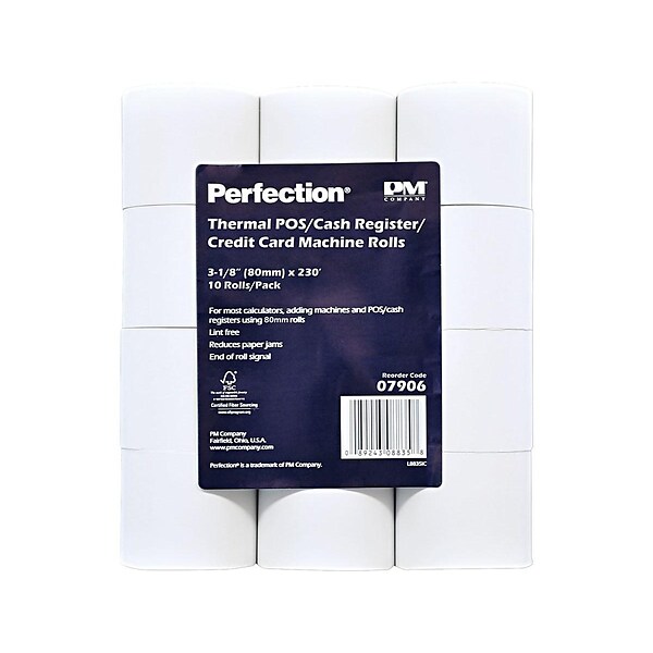 PM Company Perfection Thermal Cash Register/POS Rolls, 3 1/8 x 230, 10/Pack (PMC-07906)